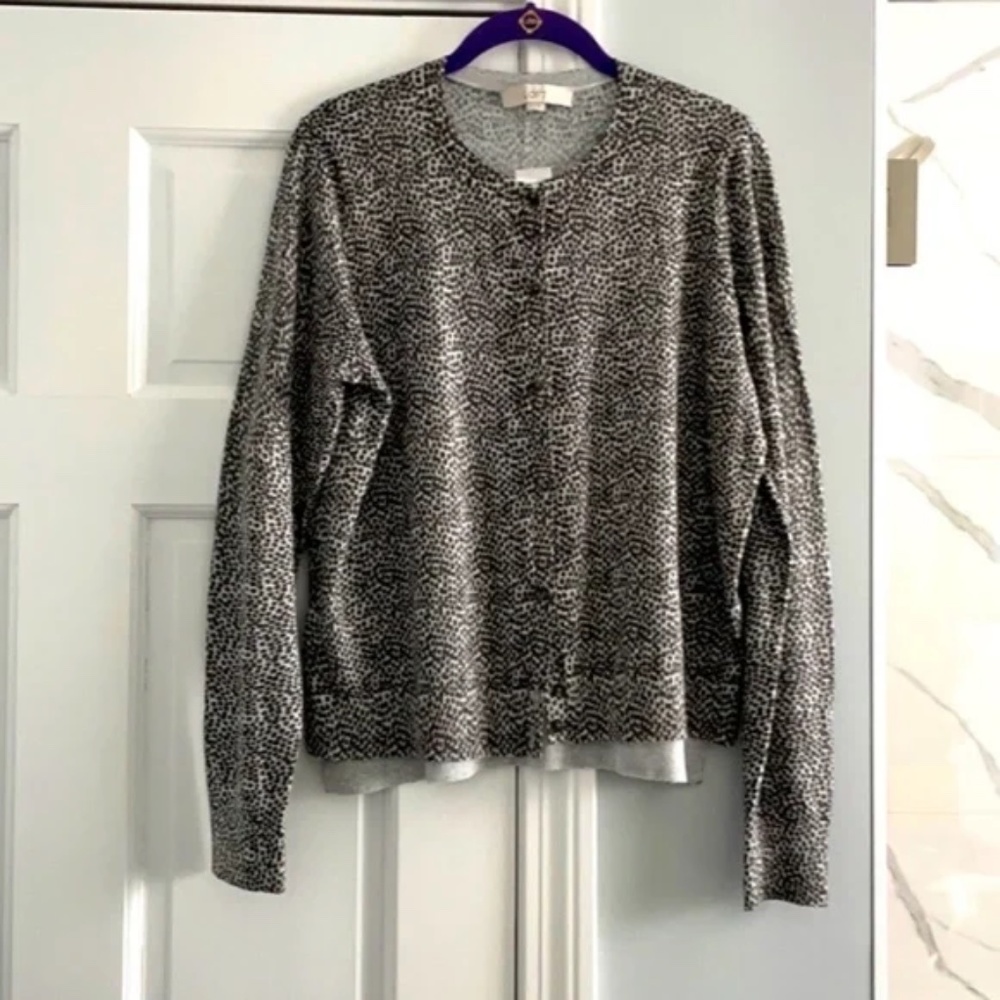 NWT LOFT Gray Cardigan with Black Dotted Print